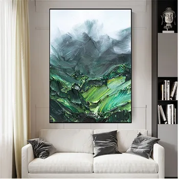 Ručni rad, krajolik sa zelenim brdima i planinama snijeg kapom, platno, apstraktna velike ulje na platnu, suvremeni ukras za dom, umjetnička zid, moda
