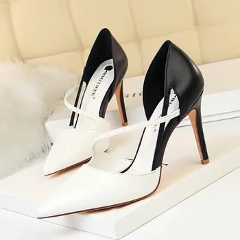 830-2/ modni slatka ženske cipele na visoku petu s dubokim urezima, s oštrim vrhom, s obojene blokove, s выдалбливающимися remenčićima, uske cipele