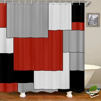 Individualni veličina, moderna apstraktna geometrijski crveno-crne zavjese za tuširanje, set za kupaonicu, vodootporna tkanina od 12 kukica, dekor