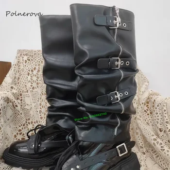 Modni crne kožne čizme do sredine kavijara, cipele s trga vrhom na debelim potplatima, ženska obuća za stranke u patchwork stilu, 2023, jesensko-zimski spicy