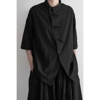 2023 Ljetnim pamučne lanene košulje u kineskom stilu crne boje kratkih rukava za muškarce, starinski odijelo Tan, top, tradicionalni bluza, plus veličina 5xl