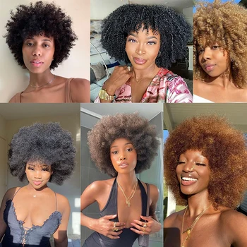 Belle Show Kratke afro-curly perika s šiške, sintetička paperjast dlaka dobre kvalitete, curly perika za crne žene