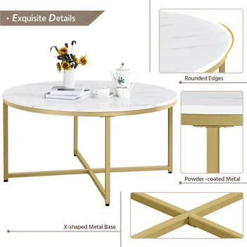 Alden Design Moderni okrugli stolić od umjetnog mramora, zlatni stolić namještaj za dnevni boravak