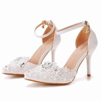 Kristalna kraljica, ženske sandale s biserima i šljokicama, bijele čipke sandale na tankim visokim potpeticama, ljetne cipele, čamaca, večernja ženske haljine, cipele za vjenčanje